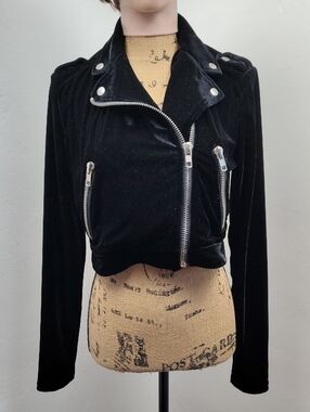 Rehab Black Moto Soft Velvet Jacket with Silver Hardware & Zippers Size Small